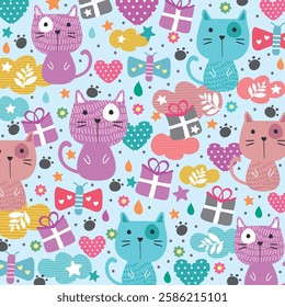 Seamless, pattern, vector, graphic design pink, green Cat and gifts with light blue pastel background for decoration