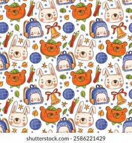 Seamless, pattern, vector, graphic design Bear,rabbit  small thing and light background for decoration