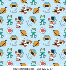 Seamless, pattern, vector, graphic design space, abtract, astronomy and alien with light blue background for decoration