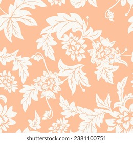 Seamless pattern. Vector graphic flowers on light orange background.Silhouette white dahlia.

