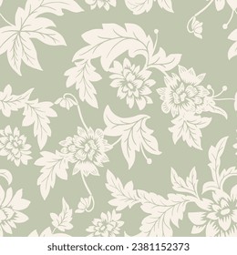 Seamless pattern. Vector graphic flowers on light green background.Silhouette white dahlia.

