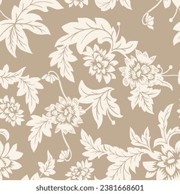 Seamless pattern. Vector graphic flowers on light pastel brown background.Silhouette white dahlia.

