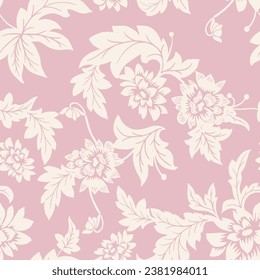 Seamless pattern. Vector graphic flowers on light pastel pink background.Silhouette white dahlia.

