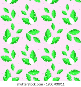 Seamless pattern. Vector graphics. 10 eps. Tropical leaves, dinosaur theme. Pink background. For the design of fabrics, clothes, wallpapers, prints, covers, advertising, presentation, web site.