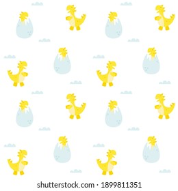 Seamless pattern, Vector graphics. Dinosaurs with balloons and a volcano. Dinosaurs in an egg. Birthday for children. Design for packaging, web site, invitations. White yellow.