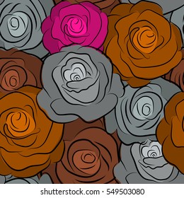 Seamless pattern with vector gray, magenta and orange rose flowers.
