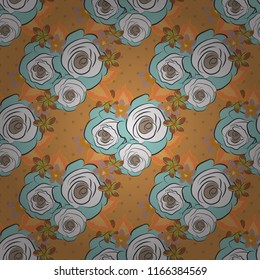 Seamless pattern with vector gray, orange and blue rose flowers.