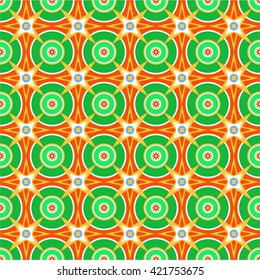 Seamless pattern, vector, green circles on red background. Color, geometric pattern of green circles and yellow stars on a red background. For the decoration. 