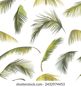 Seamless pattern of vector green coconut palm leaves on white background