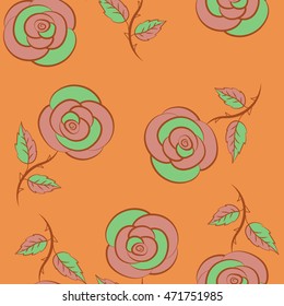 Seamless pattern with vector green, pink and orange rose flowers.