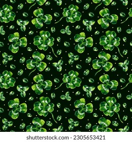 Seamless pattern vector green three-leaf and four-leaf clover on dark green background