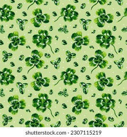 Seamless pattern vector green three-leaf and four-leaf clover on green background