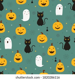 Seamless pattern vector Halloween background with pumpkins and ghosts Hand drawn design in cartoon style Used for print of wallpaper, fabric, textile, fashion