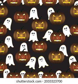 Seamless pattern vector. Halloween pumpkin lantern and cute white ghosts on black background