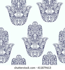 Seamless pattern Vector hamsa hand drawn symbol. Eye on hand. Hamsa hand, Hand of Fatima - amulet, symbol of protection from devil eye