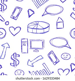 Seamless pattern of vector hand draw blue pen figures numeral and symbols social network. Same sketch media icons. Graphic popular signs of networks.