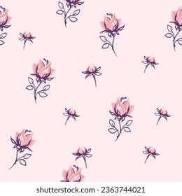 Seamless pattern with vector hand draw rose and rosebud .  Template design ornament for paper, cover, fabric, interior decor, textile, fabric, wallpaper, surface design, label, packaging.