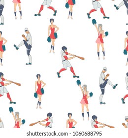 Seamless pattern. Vector hand drawn illustration of a  baseball players . Cute cartoon characters.