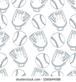 Seamless pattern. Vector hand drawn illustration of a  baseball gloves and balls . Can use it for wallpaper, wrapping, cards and so one.