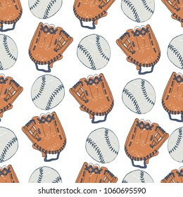 Seamless pattern. Vector hand drawn illustration of a  baseball gloves and balls . Can use it for wallpaper, wrapping, cards and so one.