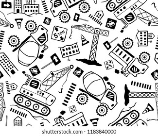 Seamless pattern vector of hand drawn construction vehicle cartoon with construction elements