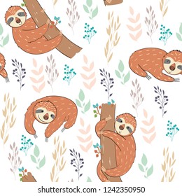 Seamless pattern. Vector hand drawn illustration with funny sloths.