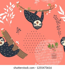 Seamless pattern. Vector hand drawn illustration with funny sloths.