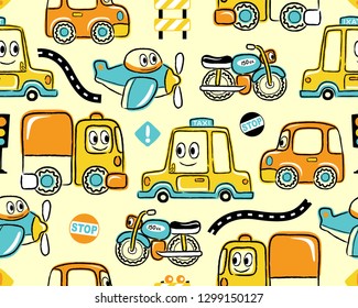 Seamless pattern vector of hand drawn funny vehicles with traffic signs
