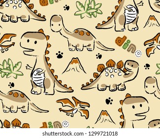 Seamless pattern vector of hand drawn dinosaurs cartoon, prehistoric elements cartoon