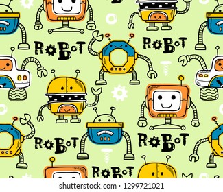 Seamless pattern vector of hand drawn robots cartoon with nuts and bolts