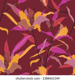 Seamless pattern vector hand drawn lily flower fill in with line and polka dots sketch ,Design for fashion fabric and all prints on maroon background color