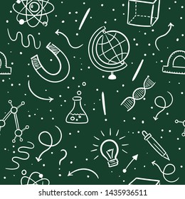Seamless pattern vector hand drawn doodle cartoon set of Science theme items, objects and symbols for design on paper, fabric, invitations on Blackboard  background.
