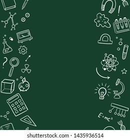 Seamless pattern vector hand drawn doodle cartoon set of Science theme items, objects and symbols for design on paper, fabric, invitations on Blackboard  background.