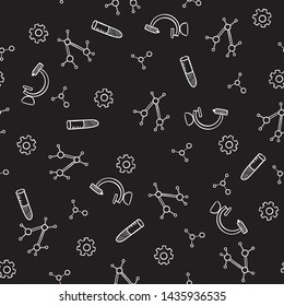 Seamless pattern vector hand drawn doodle cartoon set of Science theme items, objects and symbols for design on paper, fabric, invitations on Blackboard  background.