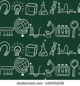 Seamless pattern vector hand drawn doodle cartoon set of Science theme items, objects and symbols for design on paper, fabric, invitations on Blackboard  background.
