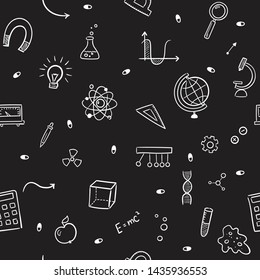 Seamless pattern vector hand drawn doodle cartoon set of Science theme items, objects and symbols for design on paper, fabric, invitations on Blackboard  background.