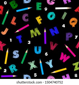 Seamless pattern. Vector hand drawn color letters, numbers and pencils on a black background. 