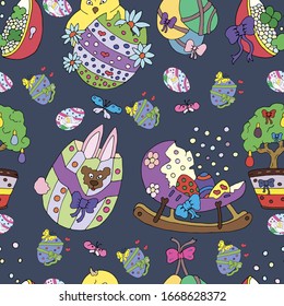 Seamless pattern vector hand drawn Easter cartoon. Bunny in painted egg, cradle, chicken and easter tree with ribbons. Colorful background for easter festival, banners, posters, cards, wallpapers.