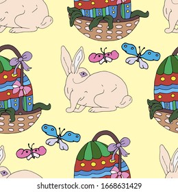 Seamless pattern vector hand drawn Easter rabbit, beautiful painted egg in an Easter wicker basket and butterflies. Colorful background for easter festival, banners, posters, cards, wallpapers.