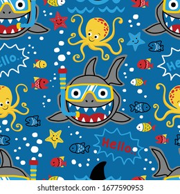 seamless pattern vector of hand drawn marine animals cartoon. Shark wearing diving goggles, undersea elements illustration