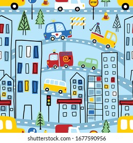 seamless pattern vector of hand drawn cityscape cartoon, city traffic elements illustration