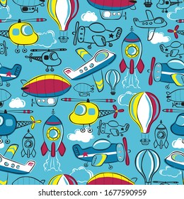 seamless pattern vector of hand drawn air transport cartoon 