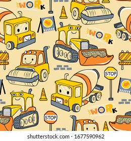 seamless pattern vector of hand drawn construction vehicles cartoon, construction elements illustration