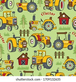 Seamless pattern vector of hand drawn tractors cartoon, farming elements illustration