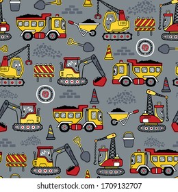 Seamless pattern vector of hand drawn funny construction vehicles cartoon, construction elements illustration