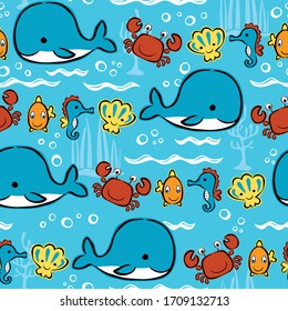 Seamless pattern vector of hand drawn marine animals cartoon, undersea elements illustration