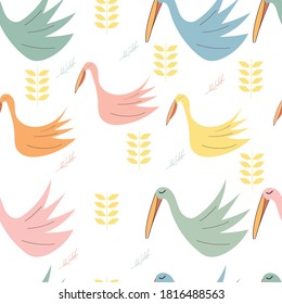 Seamless pattern vector hand drawn flowers and crane birds in different positions set. Sketch flying white animals taking off, cleaning feathers, standing. Elegant storks, kids pattern, child pattern.