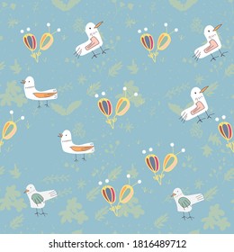 Seamless pattern vector hand drawn flowers and crane birds in different positions set. Sketch flying white animals taking off, cleaning feathers, standing. Elegant storks, kids pattern, child pattern.