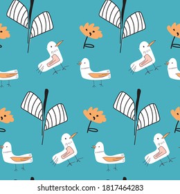 Seamless pattern vector hand drawn flowers and crane birds in different positions set. Sketch flying white animals taking off, cleaning feathers, standing. Elegant storks, kids pattern, child pattern.