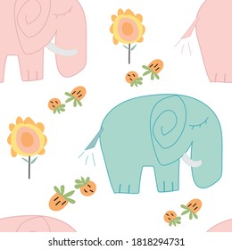 Seamless pattern vector hand drawn flowers and crane birds in different positions set. Sketch flying white animals taking off, cleaning feathers, standing. Elegant storks, kids pattern, child pattern.